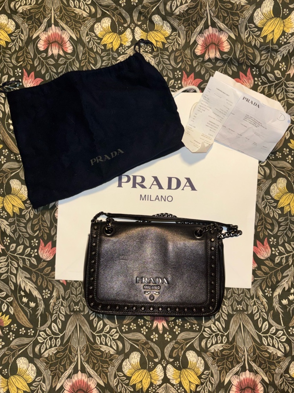 Prada Pattina in Pelle Glacé Black Calf Leather Studded Chain Shoulder Bag